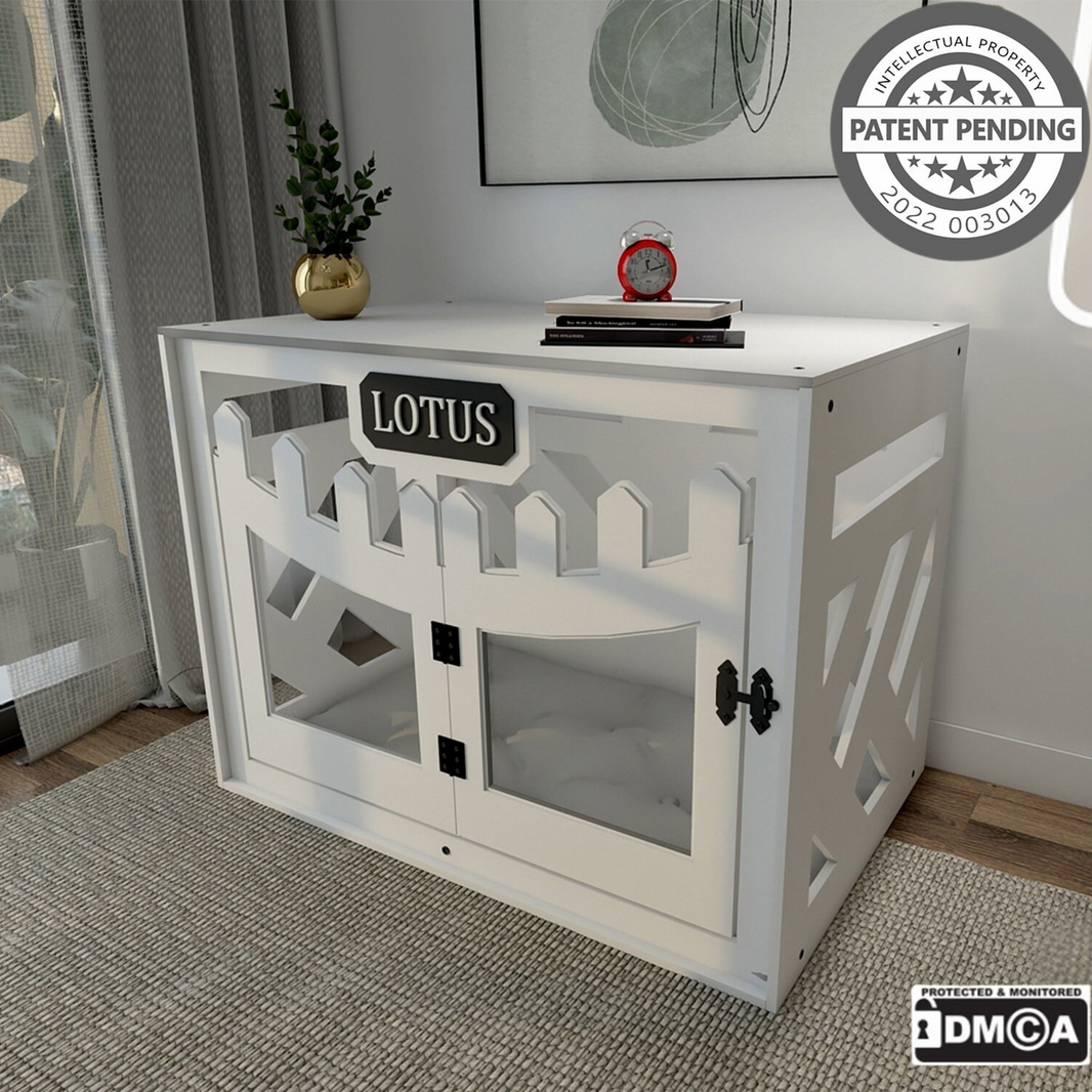 Hundehuette Welano B Weiss aus Holz mit personalisiertem Namensschild und Kissen