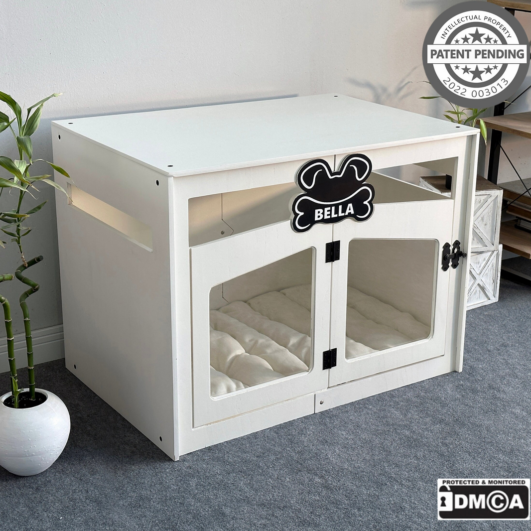 Hundehuette Pawloft Weiss aus Holz mit personalisiertem Namensschild und Kissen