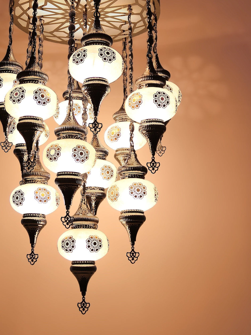 Turkish Chandelier 13-Globe SeljukPattern Glass Laser Cut