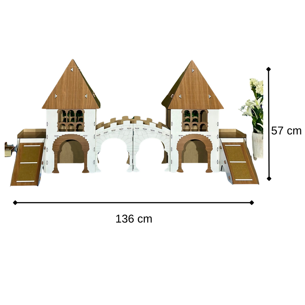 Riesiges Kaninchenschloss mit Brücke weiße und schwarze Kaninchenspielhäuser