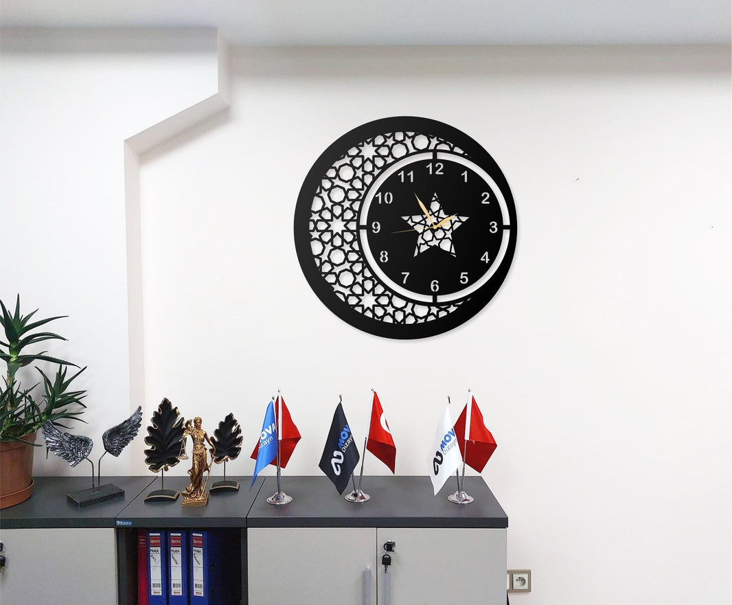 Islamic Metal Wall Clock with Ottoman Motif - Decorative Black Moon and Star Design for Home, Living Room, or Office Decor