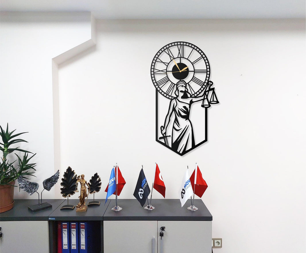 Lady Justice Metal Wall Clock - Lawyer and Justice Themed Decorative Wall Clock for Office, Law Firm, or Home Decor