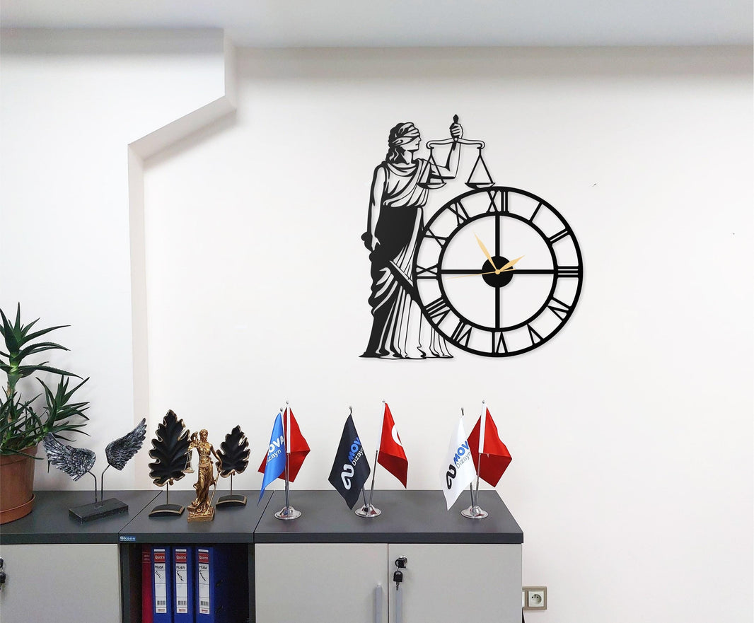 Lady Justice Metal Wall Clock Legal Themed Decorative Wall Clock with Roman Numerals for Lawyers, Law Offices&Home Decor (15.75 x 17.7 in)