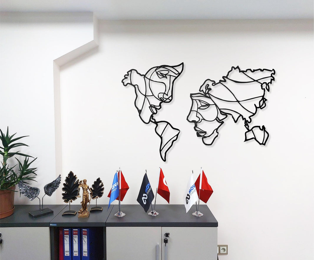 World Map Metal Wall Art with Human Silhouette Design - Modern One Piece Map Wall Decor for Living Room, Office, Bedroom