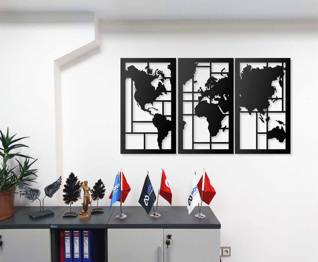 Canvas World Map Wall Art Metal - 3 Panel Triptych Wall Decor, Modern World Map Painting, Travel Gift, Living Room & Office Decoration