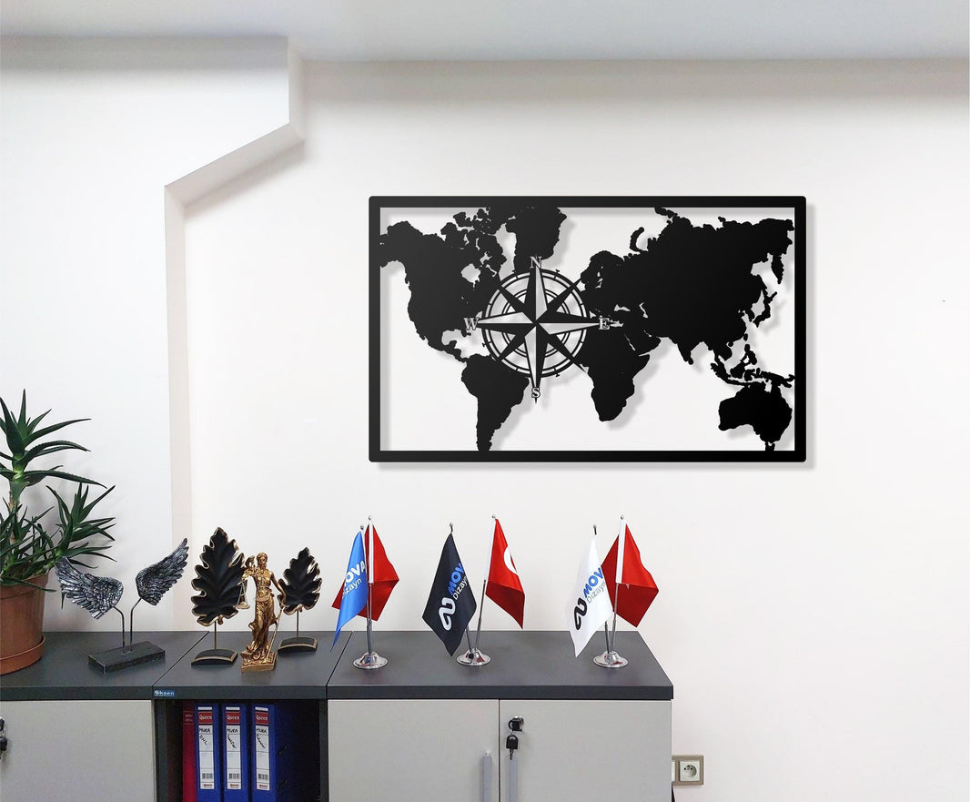 Metal World Map Wall Art with Compass Design Single Piece Modern Metal Wall Decor, Minimalist World Map Wall Hanging for Home & Office