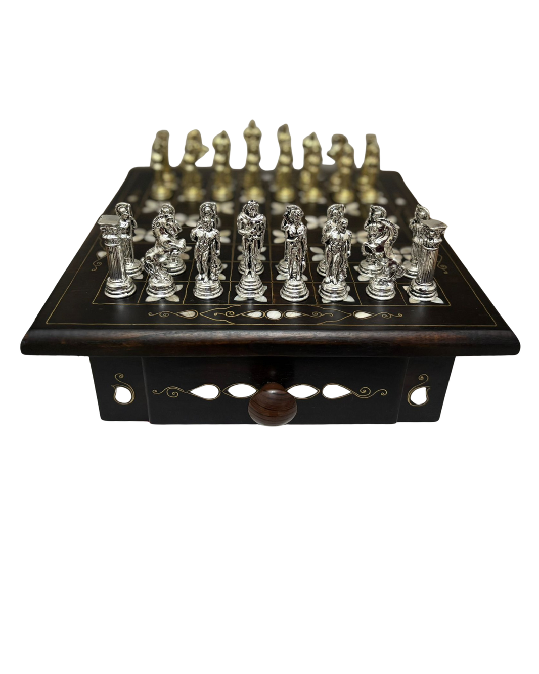 Handgemachtes Schachspiel Orientalisches Schachset – Sedef Intarsien, Massivholz mit Schublade & Metallfiguren