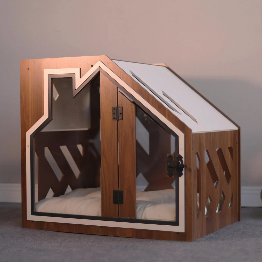 Hundehuette PawLuxe Walnuss Designer aus Holz mit Kissen und wasserfestem Boden fuer kleine und grosse Hunde