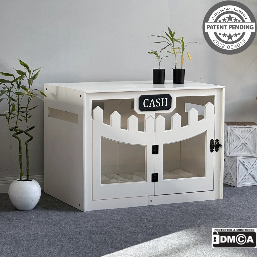 Hundehuette Welano Weiss aus Holz mit personalisiertem Namensschild und Kissen