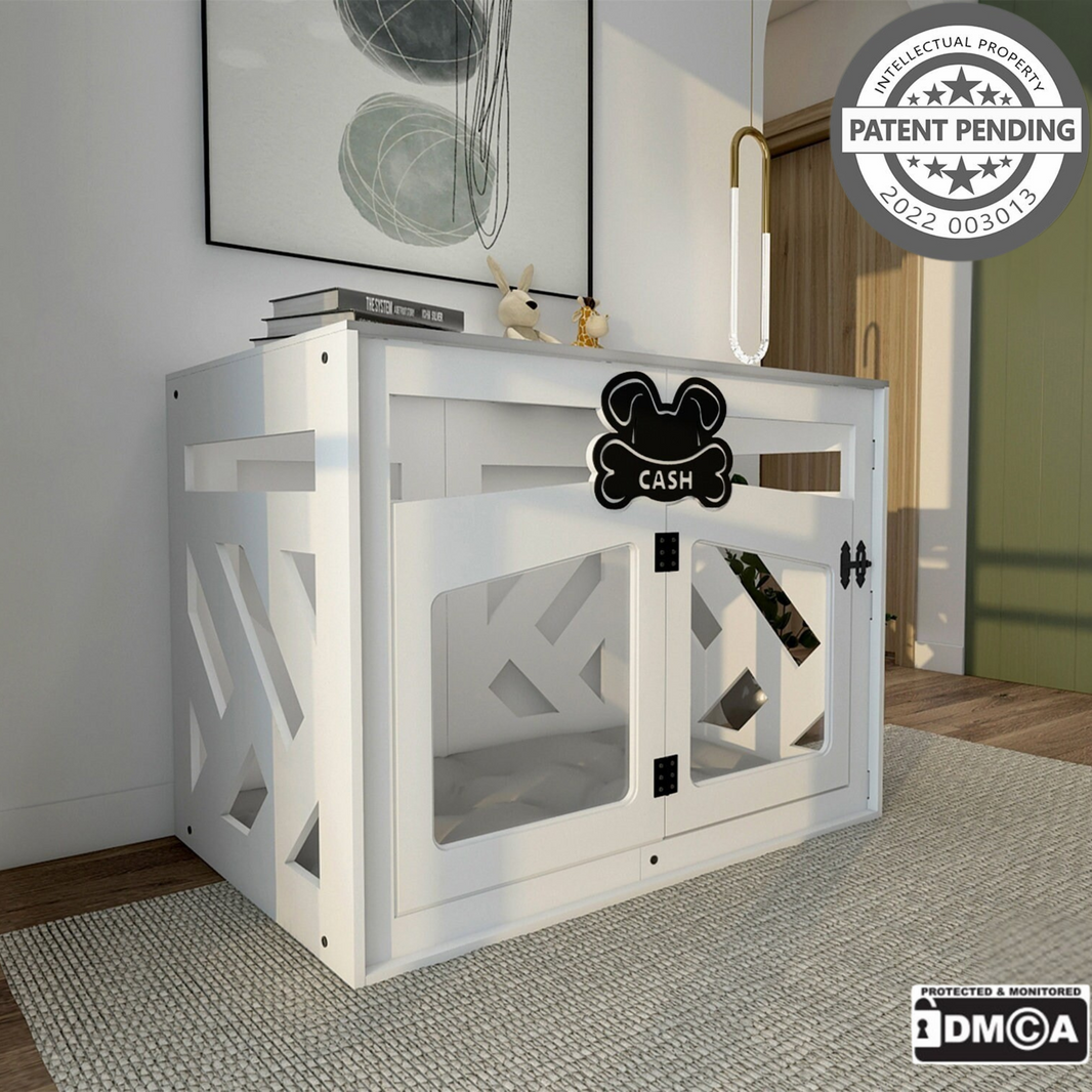 Hundehuette Pawloft B Weiss aus Holz mit personalisiertem Namensschild und Kissen