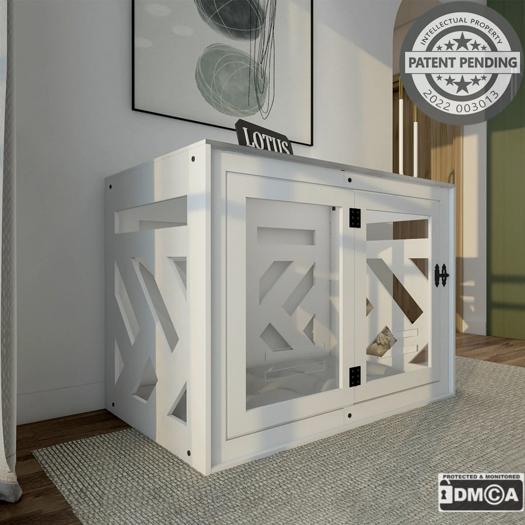 Hundehuette Belano B Weiss aus Holz mit personalisiertem Namensschild und Kissen