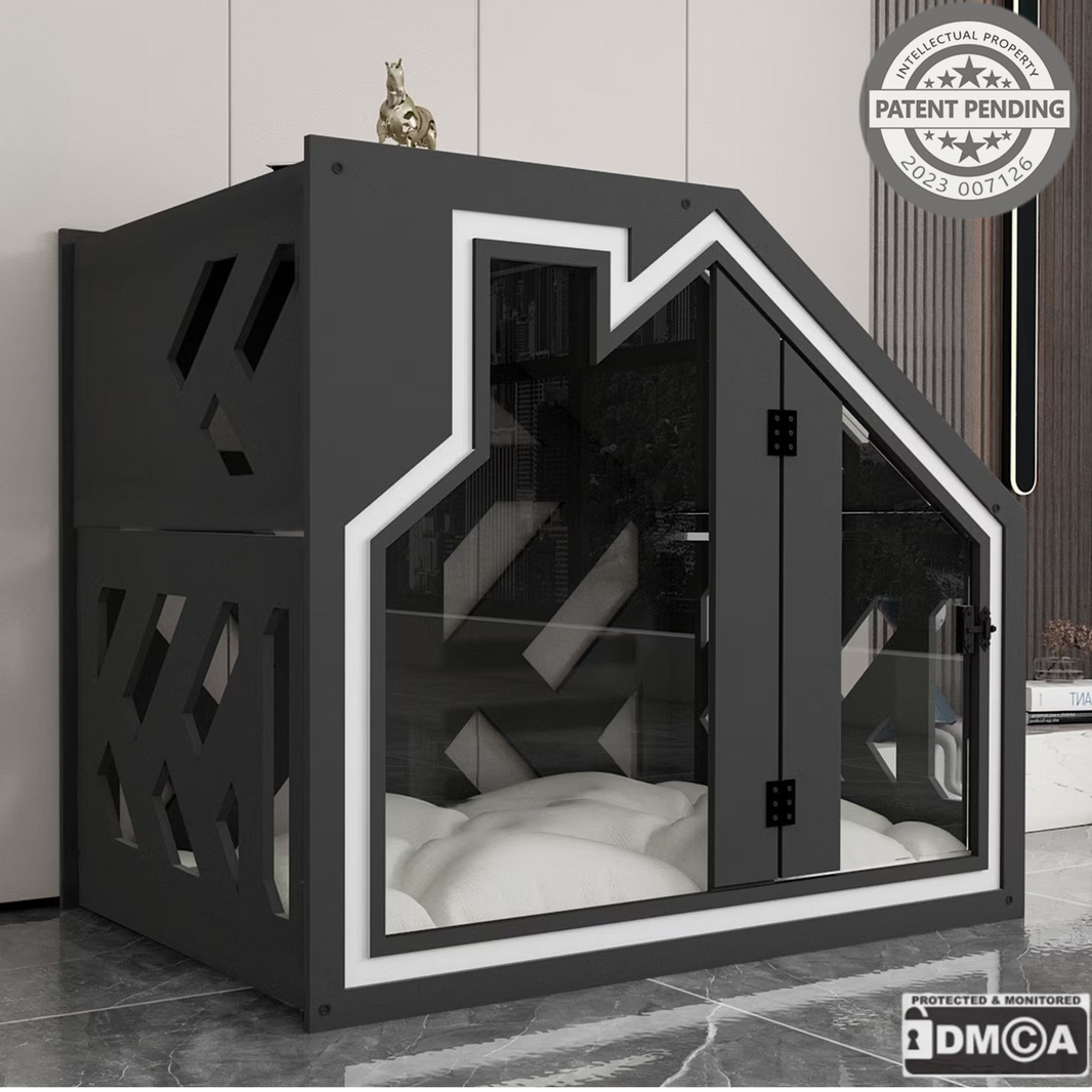 Hundehuette PawLuxe Dunklegrau Designer aus Holz mit Kissen und wasserfestem Boden fuer kleine und grosse Hunde