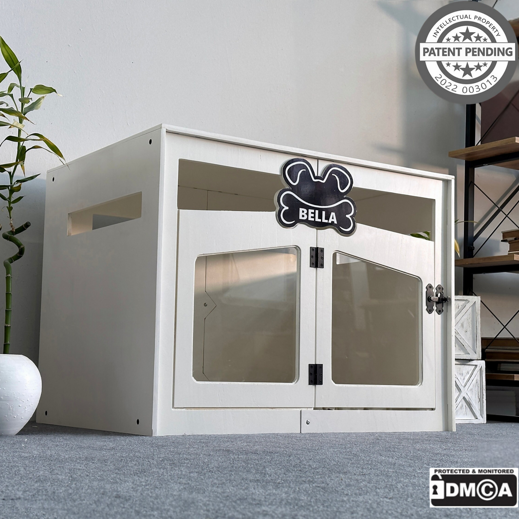 Hundehuette Pawloft Weiss aus Holz mit personalisiertem Namensschild und Kissen