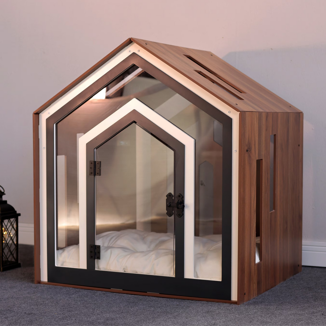 Hundehuette Calmo Walnuss aus Holz mit Kissen und wasserfestem Boden fuer kleine und grosse Hunde