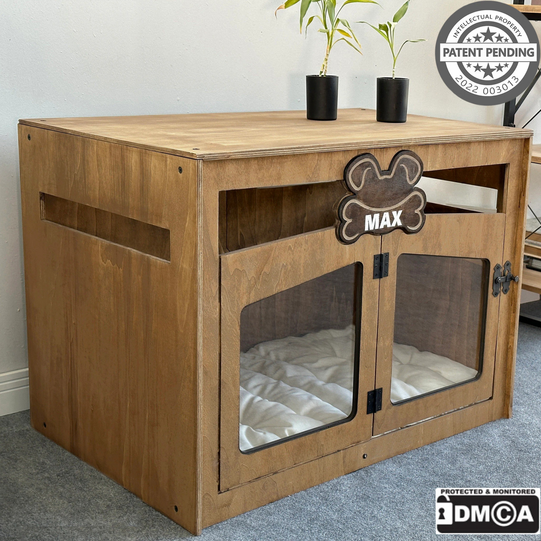 Hundehuette Pawloft Walnuss aus Holz mit personalisiertem Namensschild und Kissen