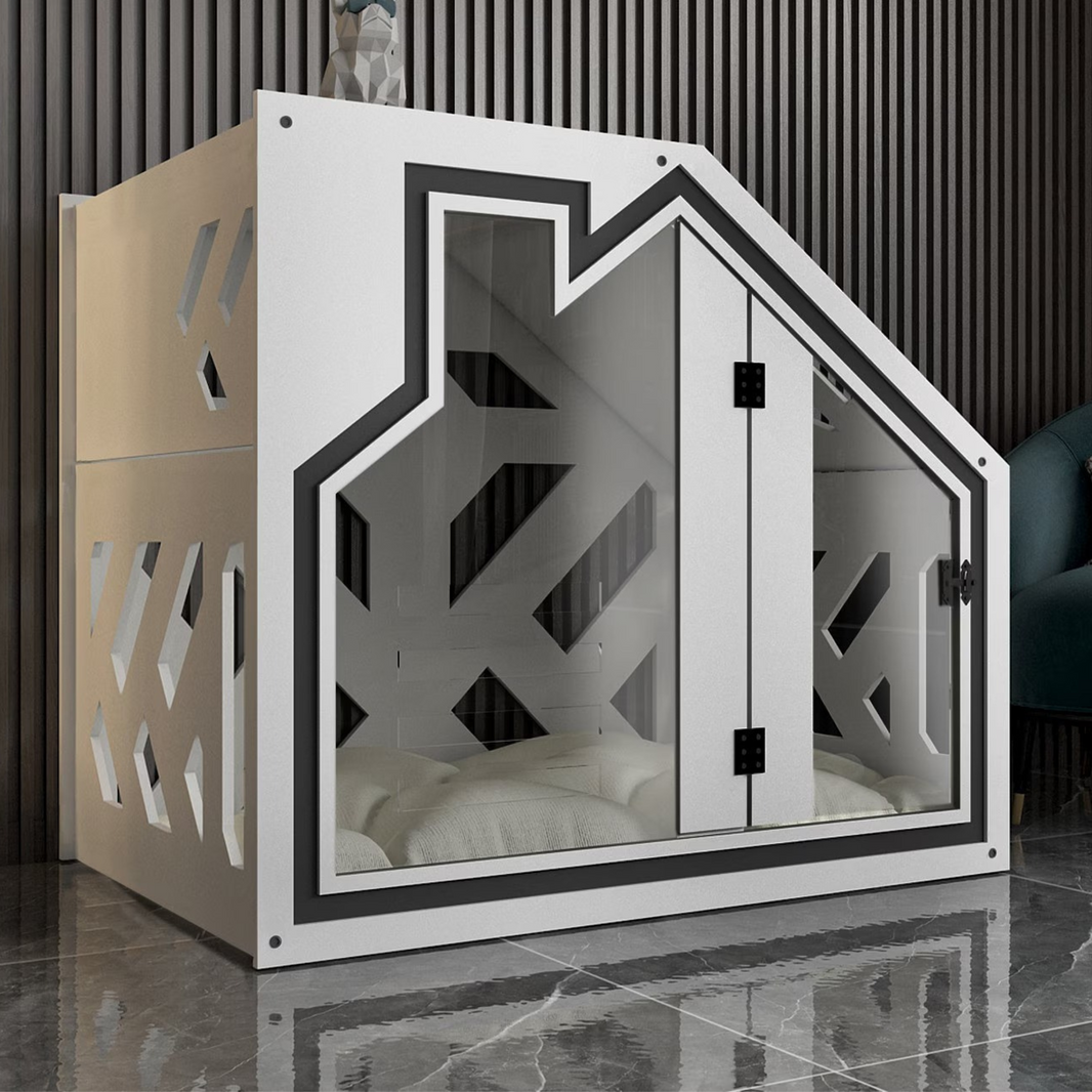 Hundehuette PawLuxe Weiss Designer aus Holz mit Kissen und wasserfestem Boden fuer kleine und grosse Hunde