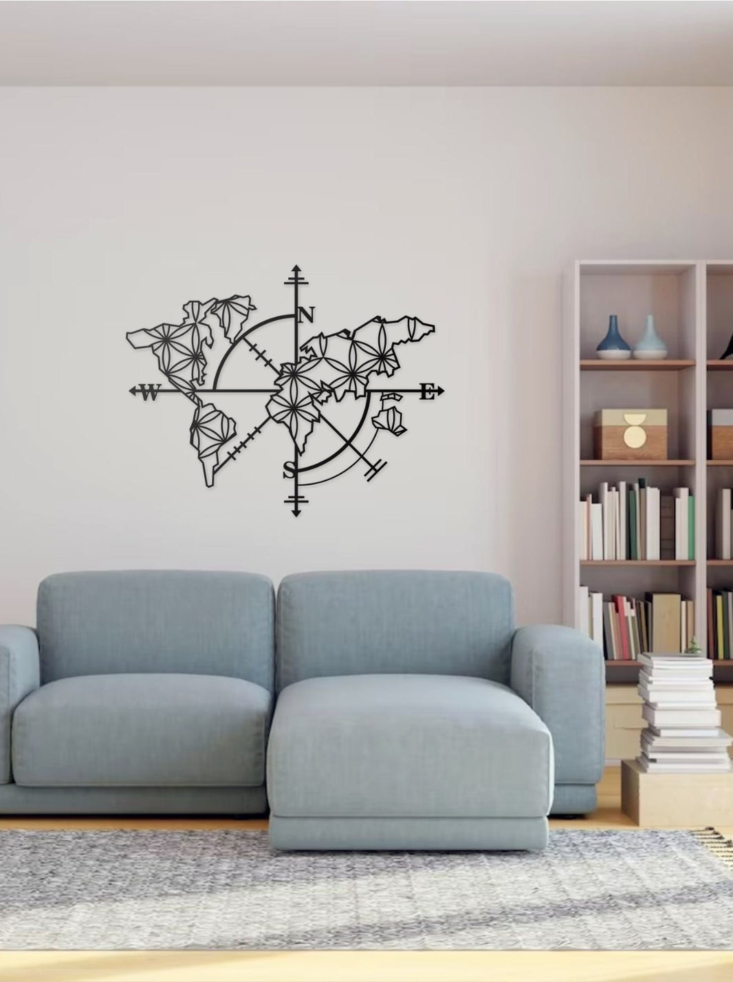 Weltkarte Wandbild Kompass 50x75 & 70x90 cm – Einteiliges Wanddekor