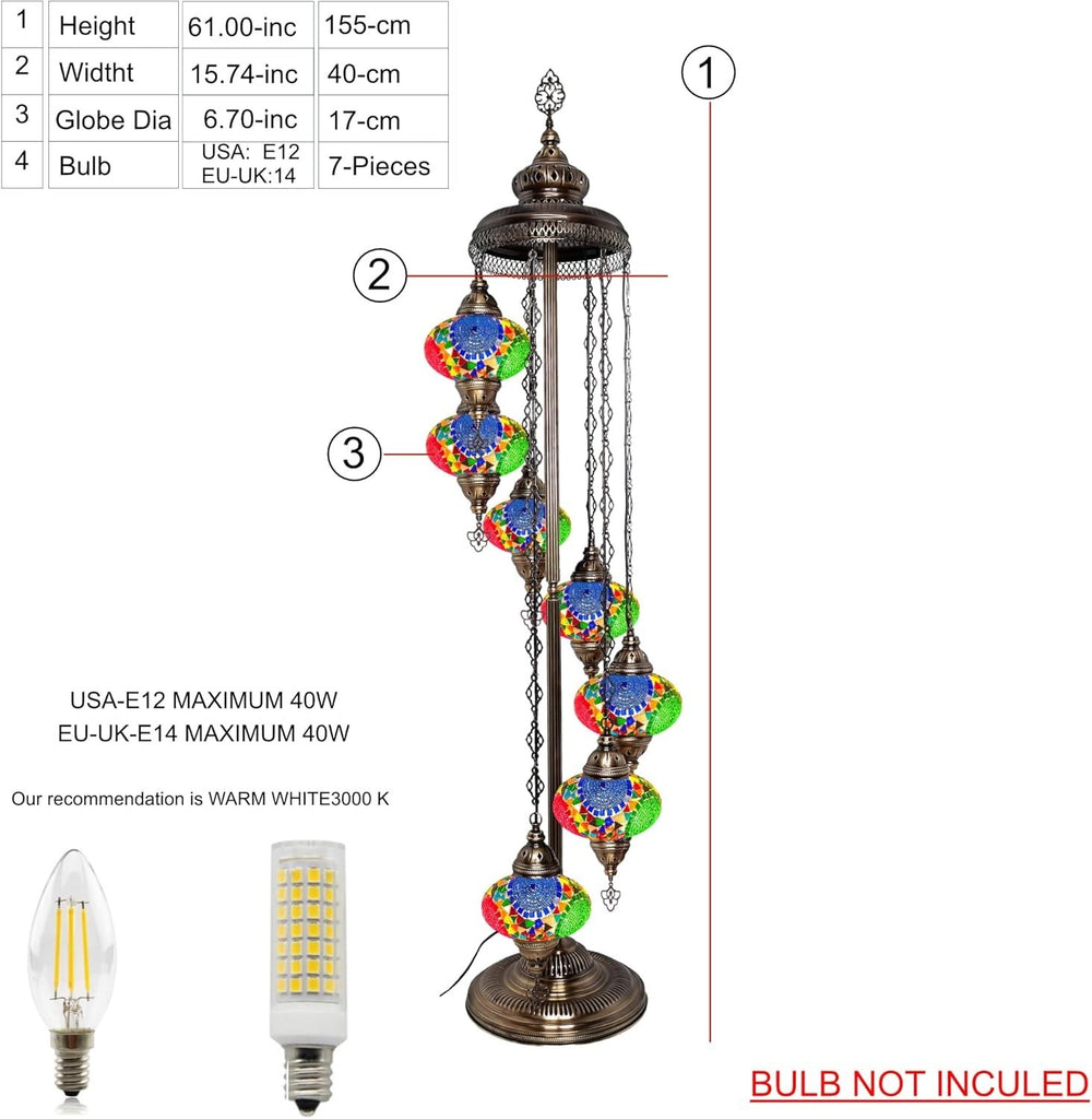 Große 7″ Bunte Türkische Mosaik Stehlampe | Boho Vintage Tiffany Stil Lampe