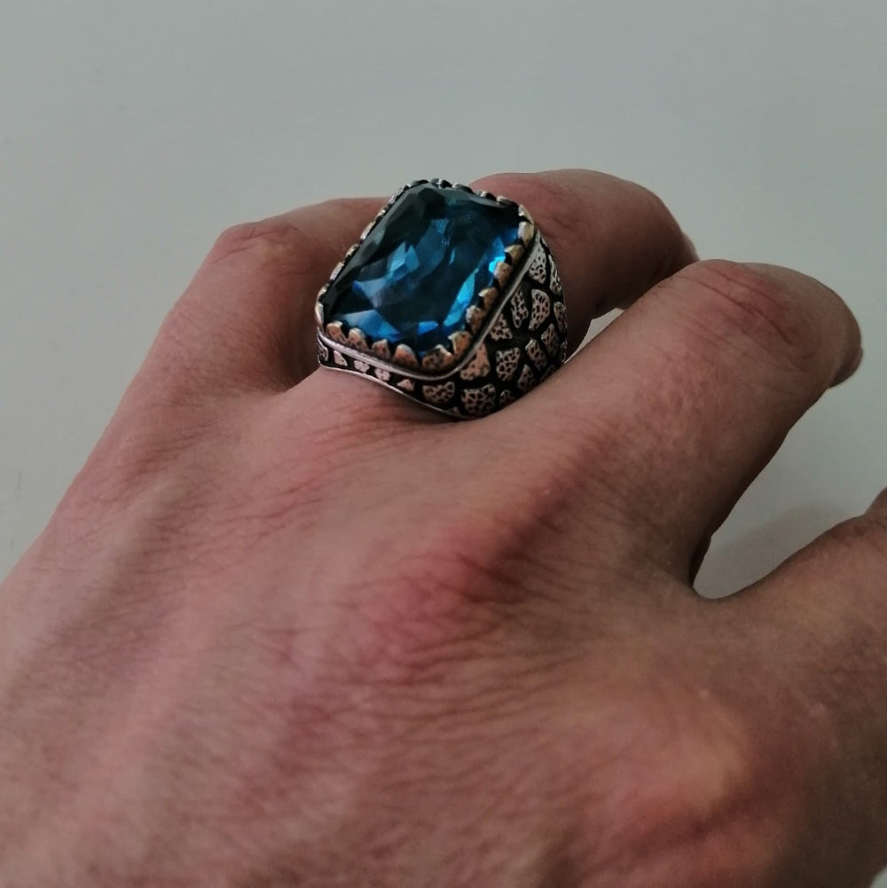 925er Silber  Aquablauer Stein Herrenring Handgefertigt Damenring