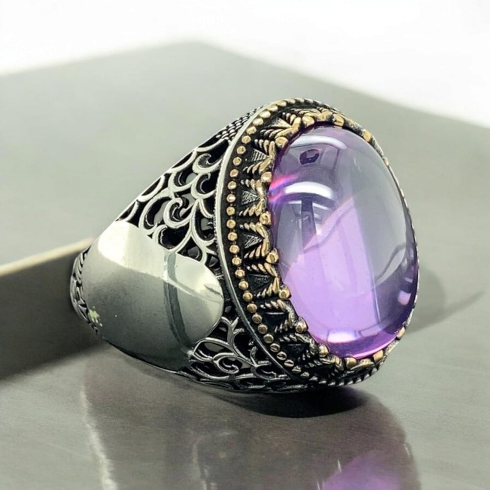 925er Silber Amethyststein Herrenring Handgefertigt Damenring