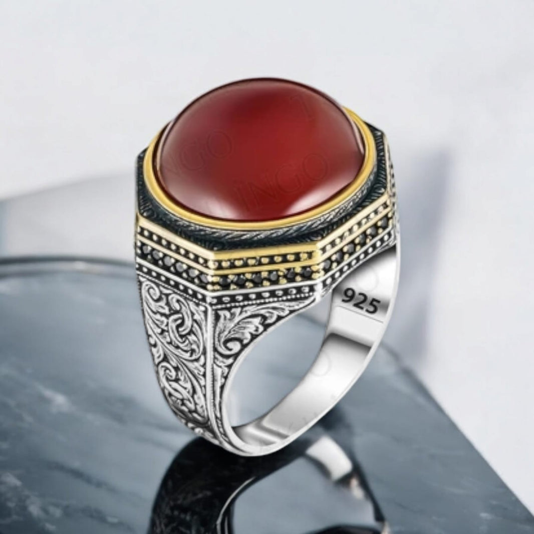 925er Sterlingsilber Achatstei Herrenring Handgefertigt Naturbernstein Damenring