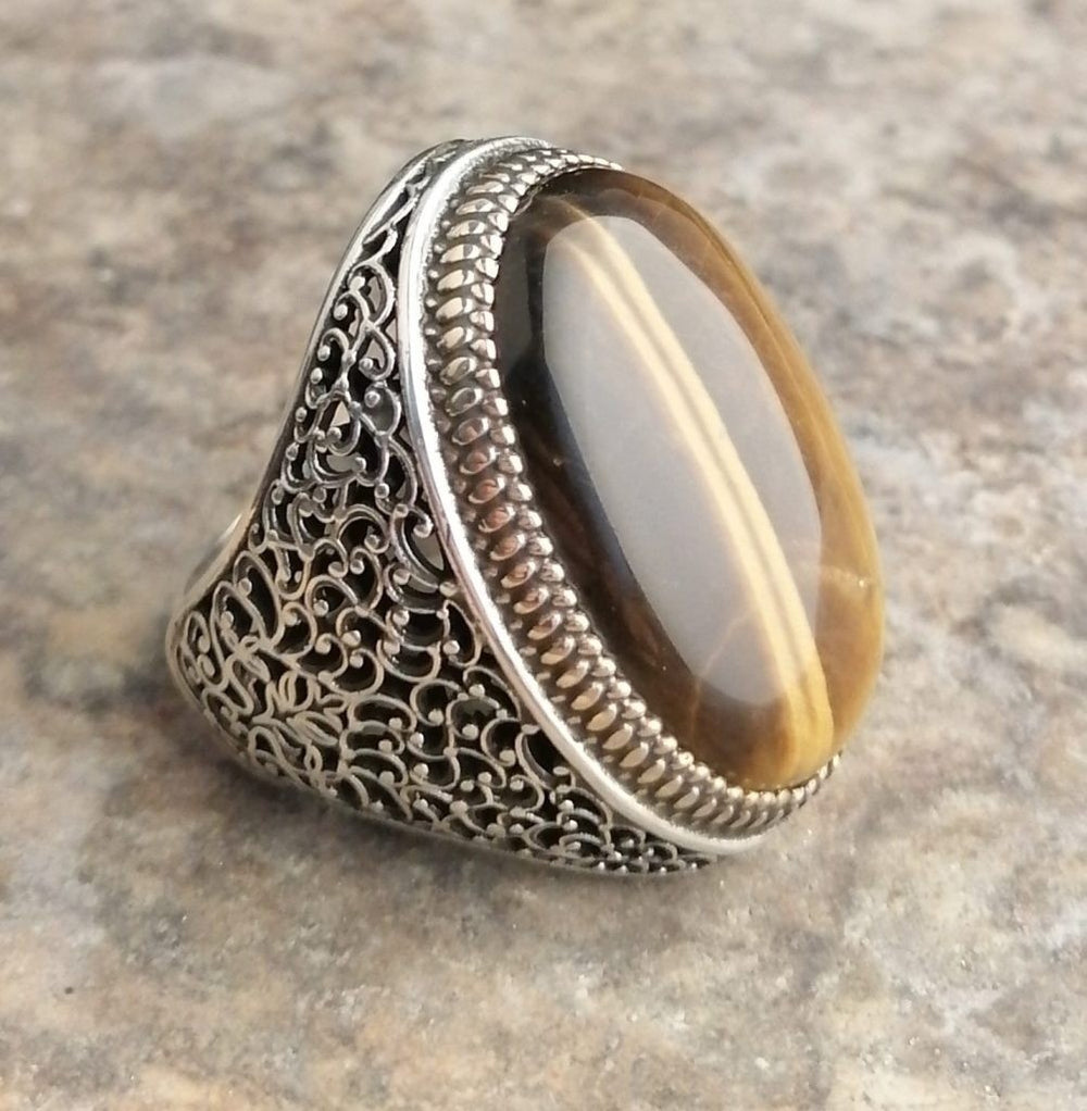925er Silber mit Tigerauge-Stein handgefertigte Ringe für Frauen und Männer