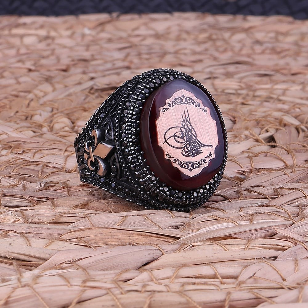 925er Osmanische Tughra Herrenring Handgefertigt Naturbernstein Damenring