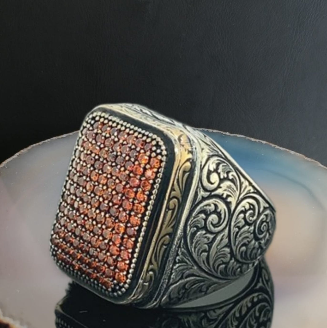 925er Sterlingsilber Granat  Herrenring Handgefertigt Naturbernstein Damenring