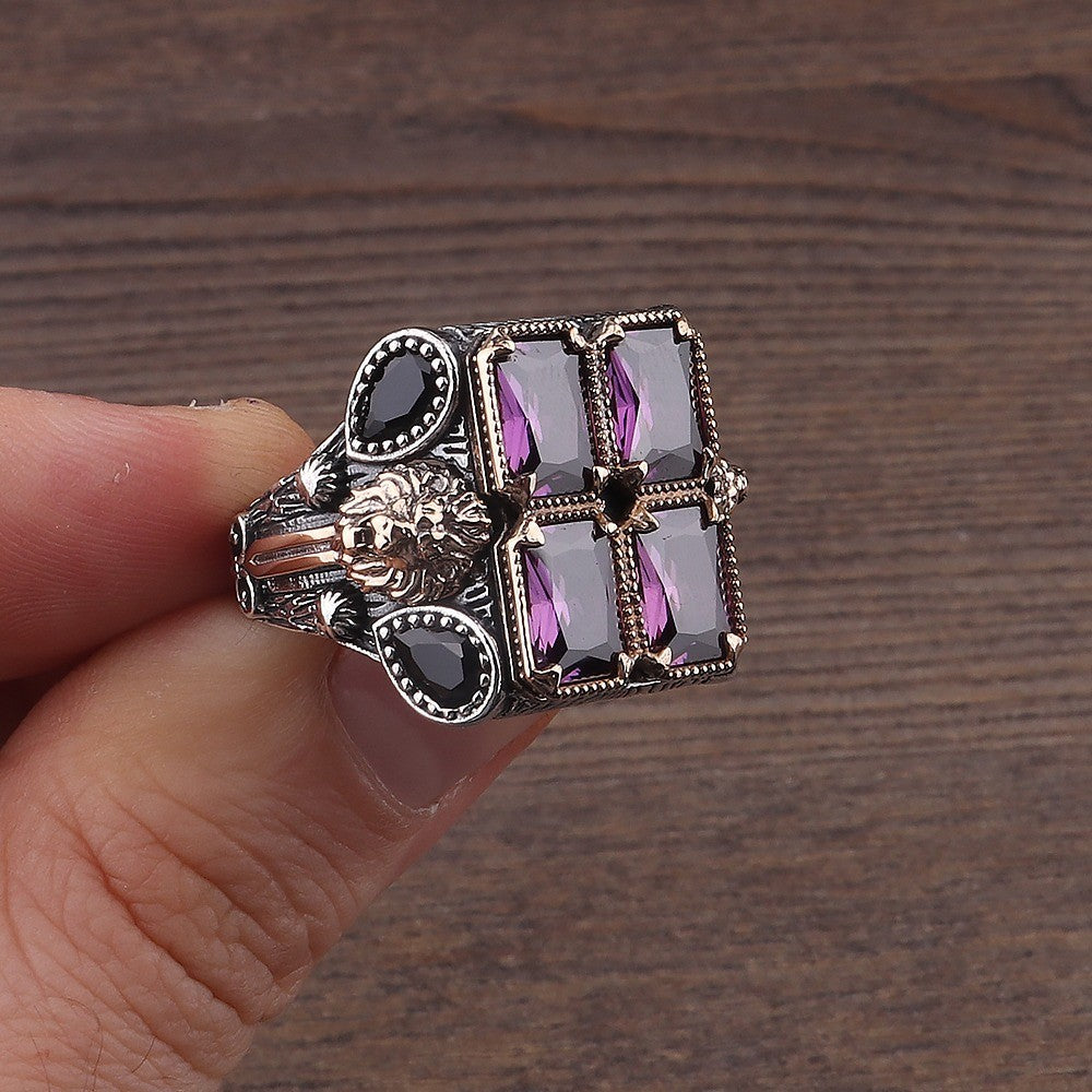 925er Amethyst mit vier Steinen und Löwenmotiv Herrenring Handgefertigt Damenrin