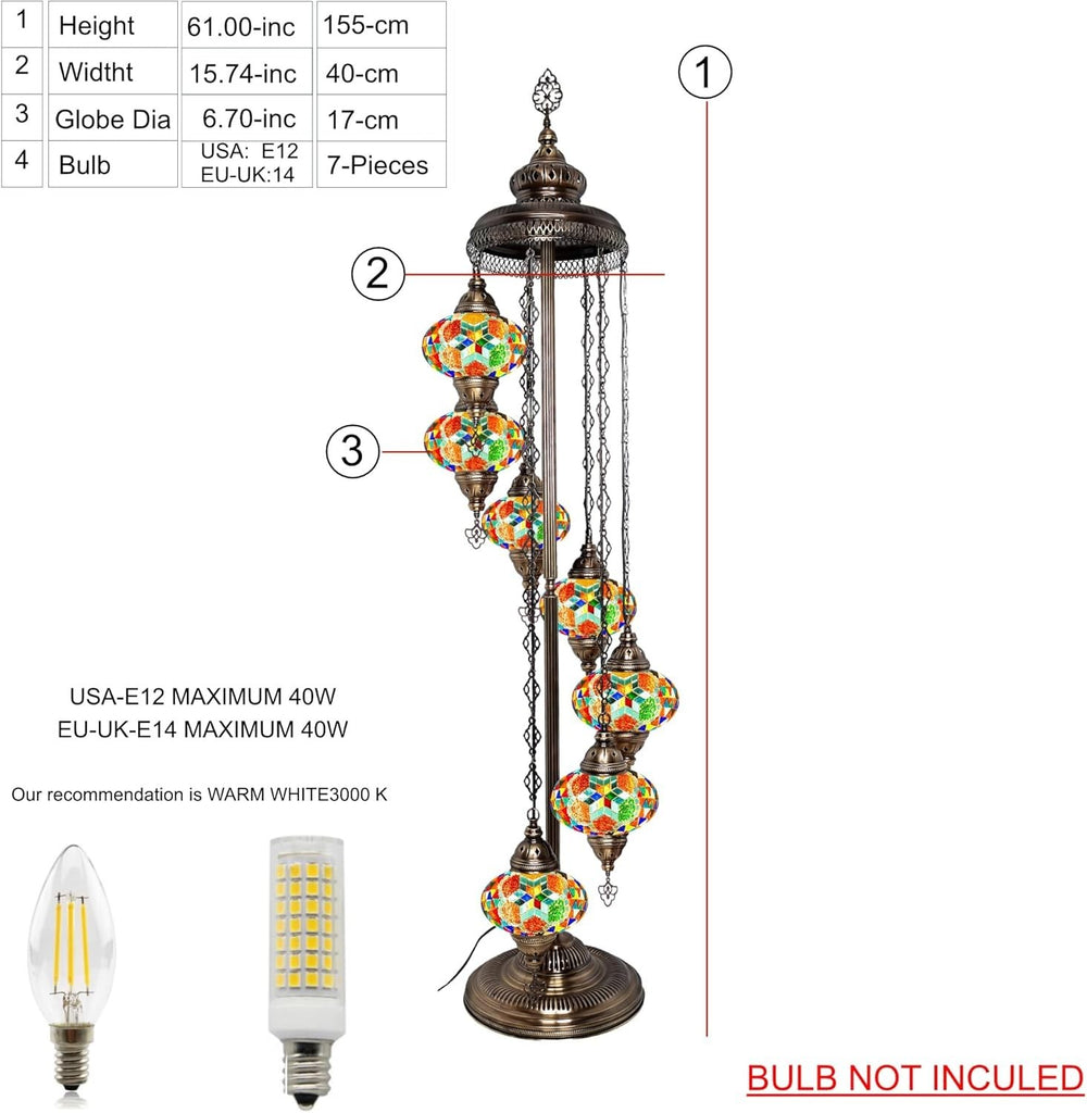Große 7″ Bunte Türkische Mosaik Stehlampe | Boho Vintage Tiffany Stil Lampe
