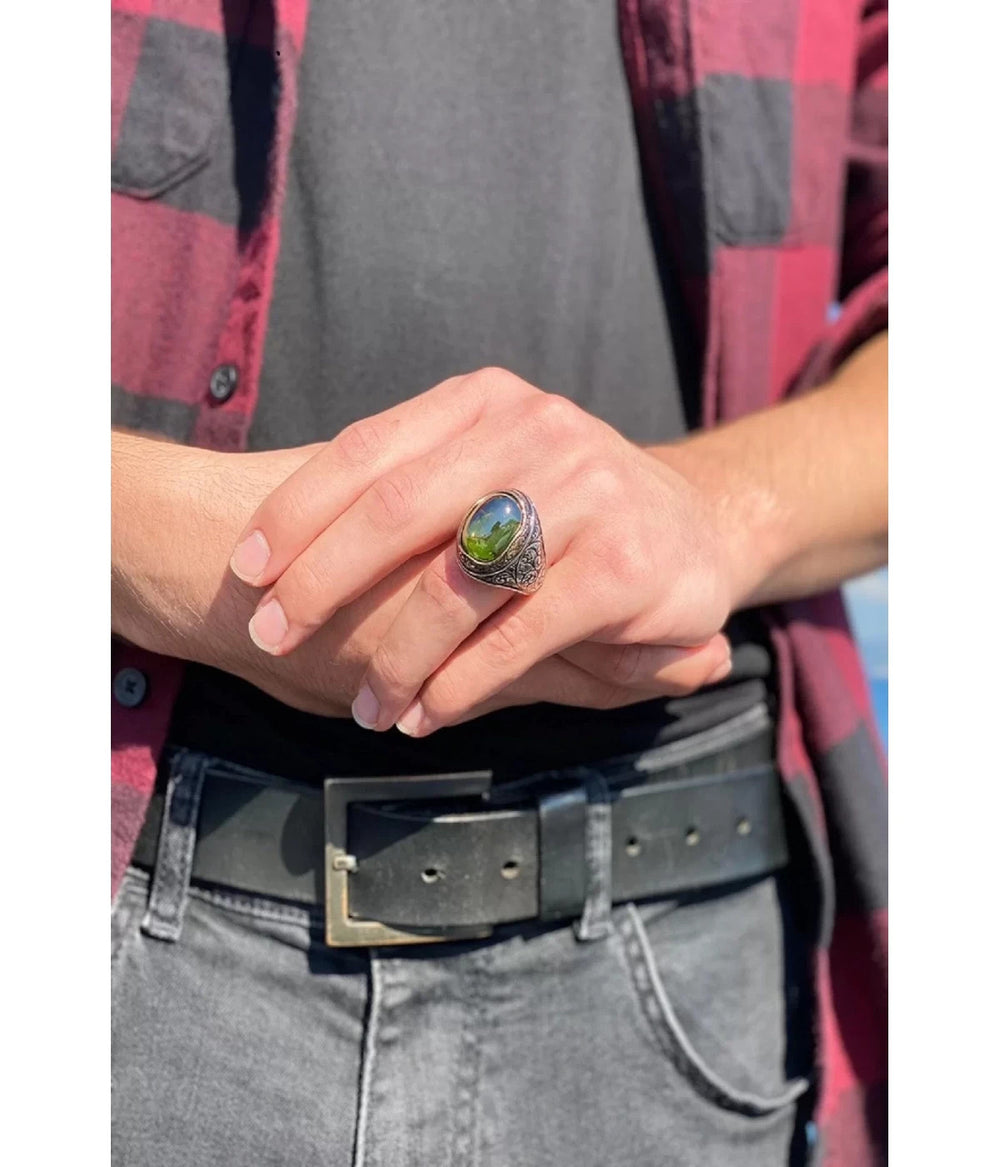 925er Silber mit olivgrüner Steinhandgefertigte Ringe für Frauen und Männer