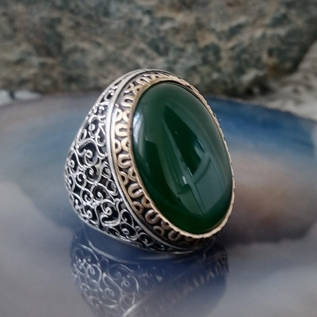 925er Silber mit  grüner Achatstein handgefertigte Ringe für Frauen und Männer