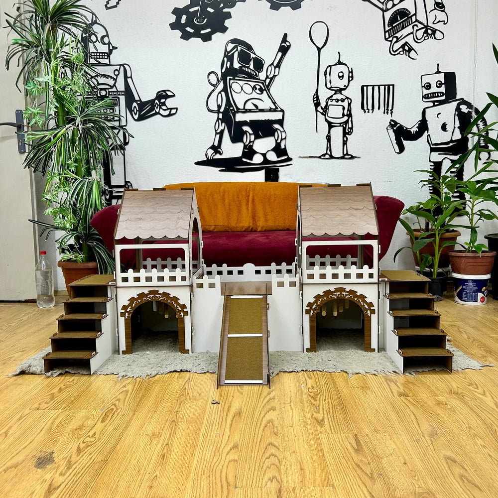 Meerschweinchen Schloss 2 Etagen | Holzhaus mit Rampe & Terrasse für 4 Tiere