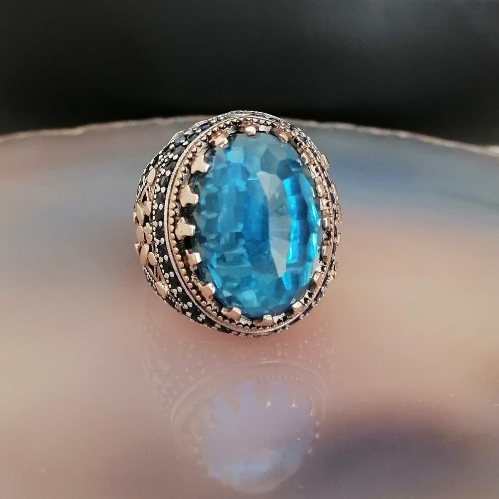 925er Silber  Aquablauer Stein Herrenring Handgefertigt Damenring