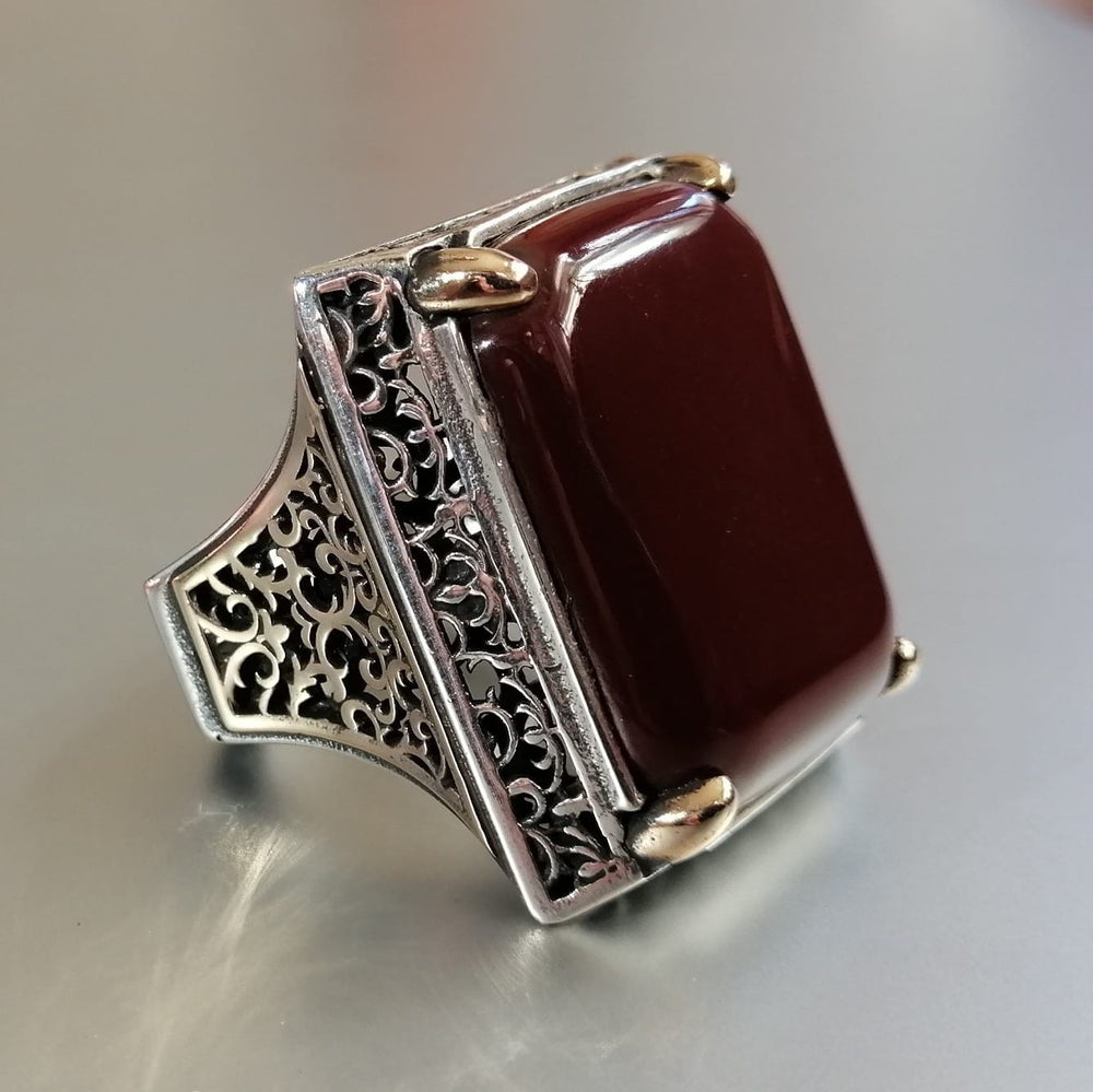 925er Sterlingsilber Achatstei Herrenring Handgefertigt Naturbernstein Damenring