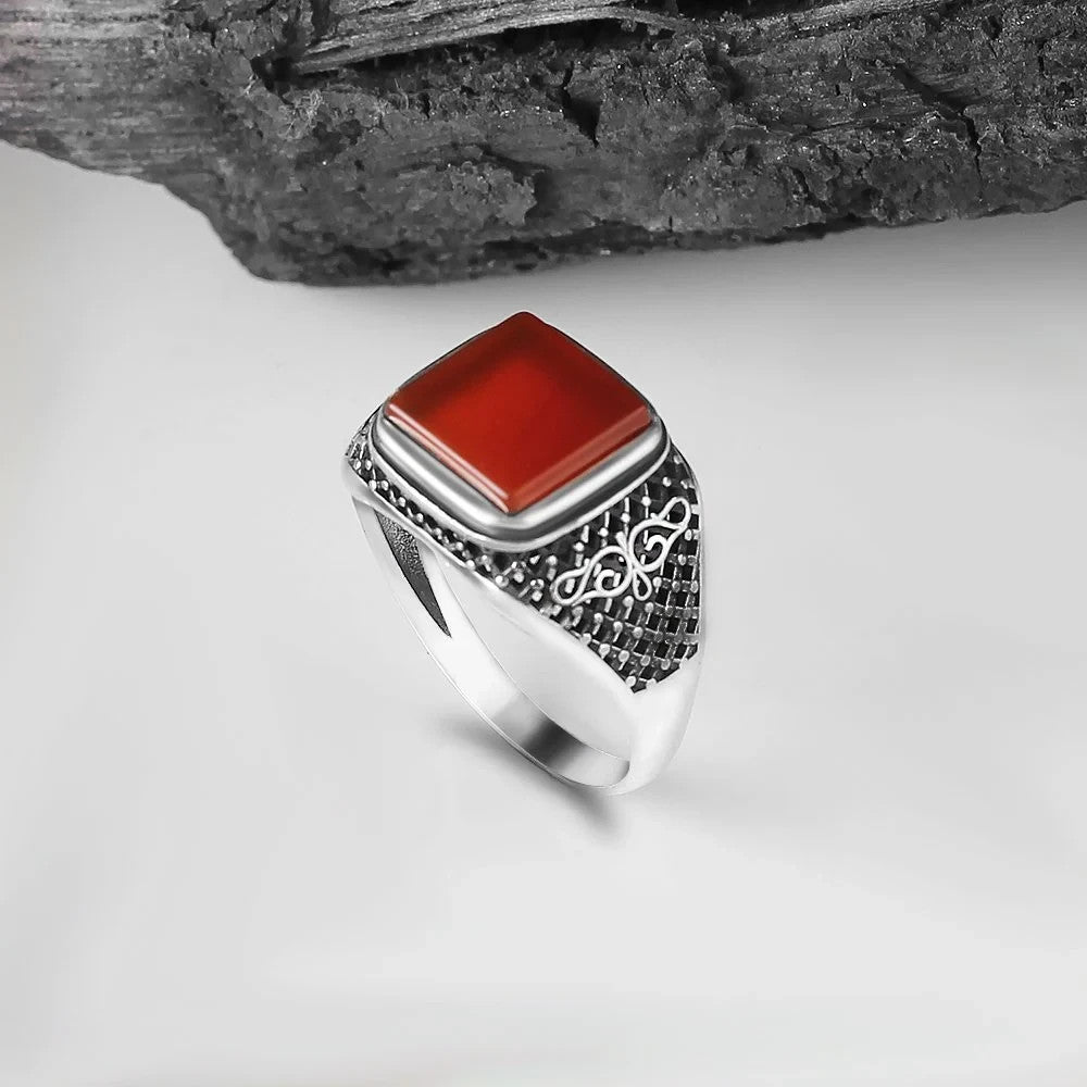 925er Sterlingsilber Achatstei Herrenring Handgefertigt Naturbernstein Damenring