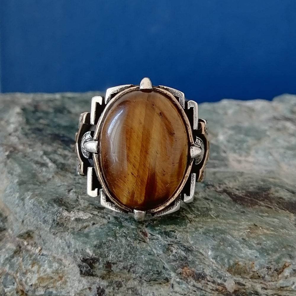 925er Silberring für Herren mit Tigerauge Handgefertigter Natursteinring für Dam