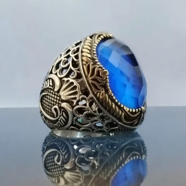 925er Silber  Aquablauer Stein Herrenring Handgefertigt Damenring