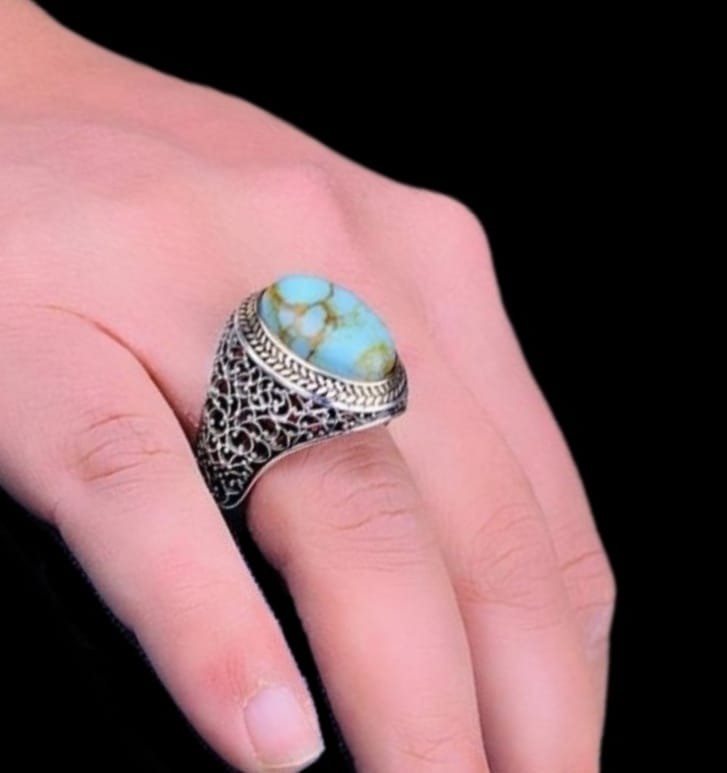 925er Sterlingsilber Turkis Herrenring Handgefertigt Naturbernstein Damenring