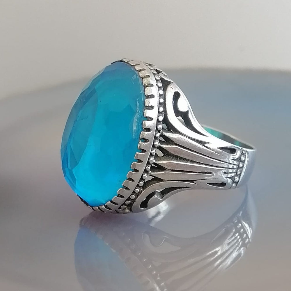 925er Silber  Aquablauer Stein Herrenring Handgefertigt Damenring