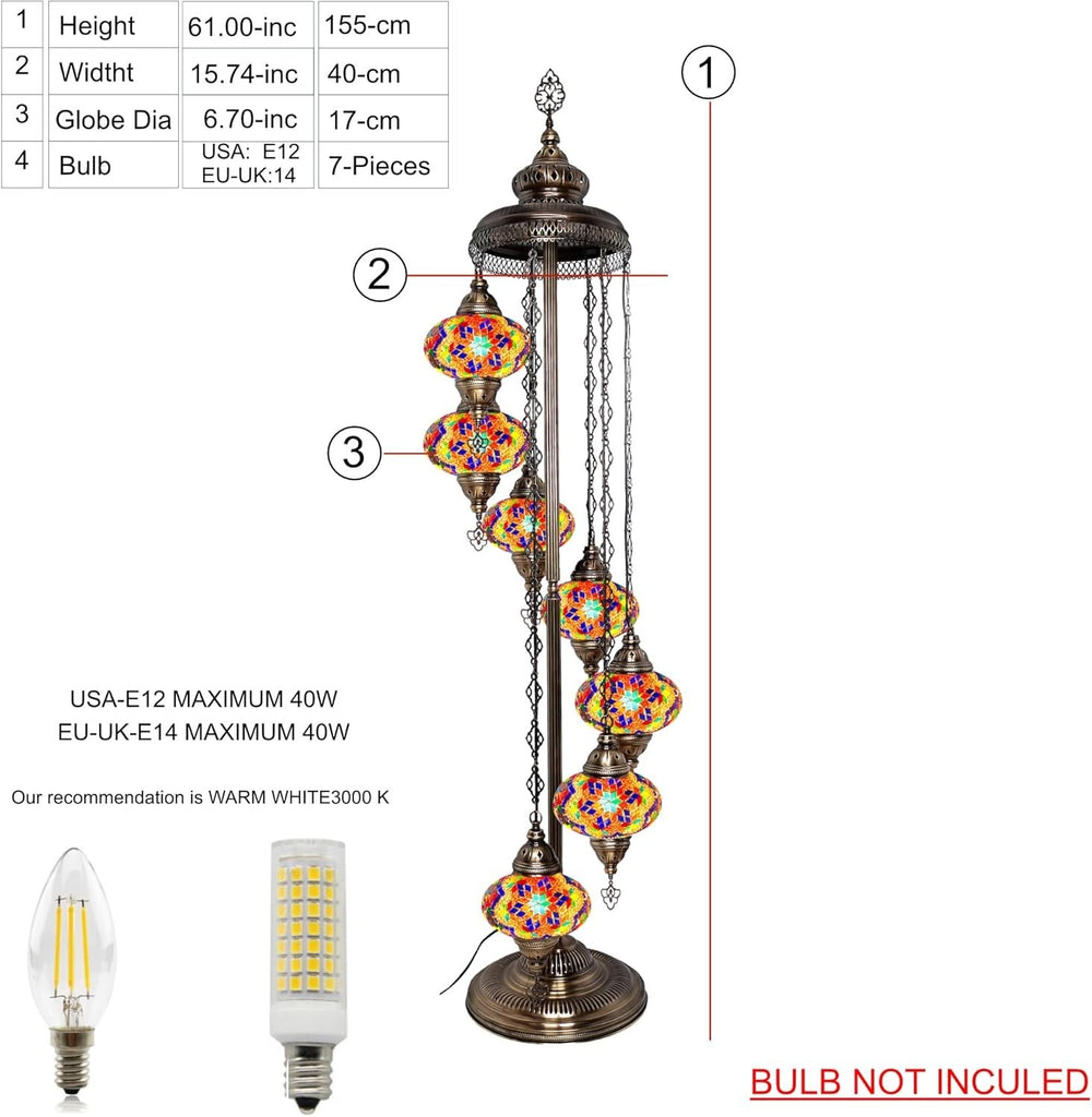 Große 7″ Bunte Türkische Mosaik Stehlampe | Boho Vintage Tiffany Stil Lampe