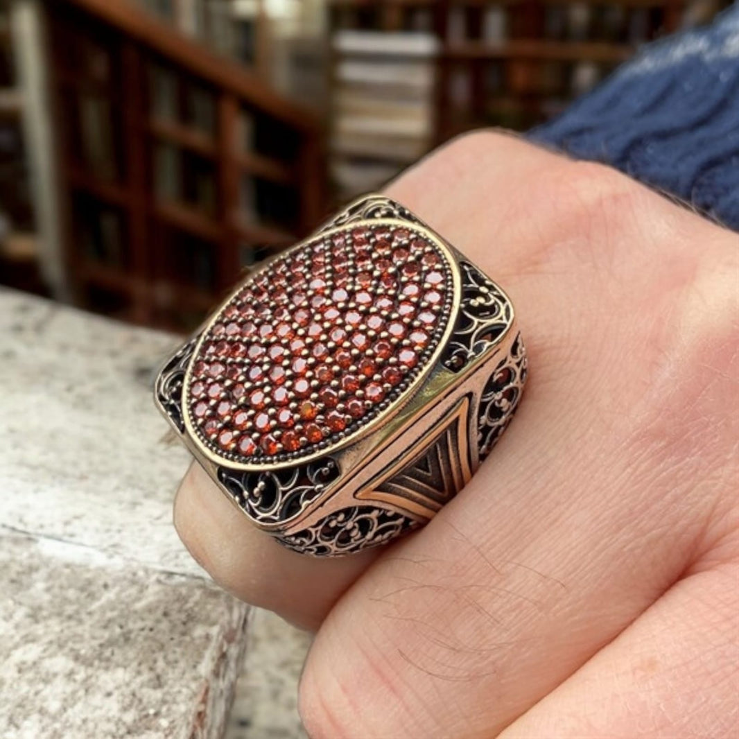 925er Silberring für Herren mit Granat-Mikrosteinen Herrenringn Großring 35g