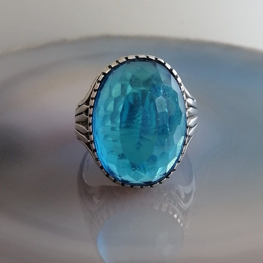 925er Silber  Aquablauer Stein Herrenring Handgefertigt Damenring