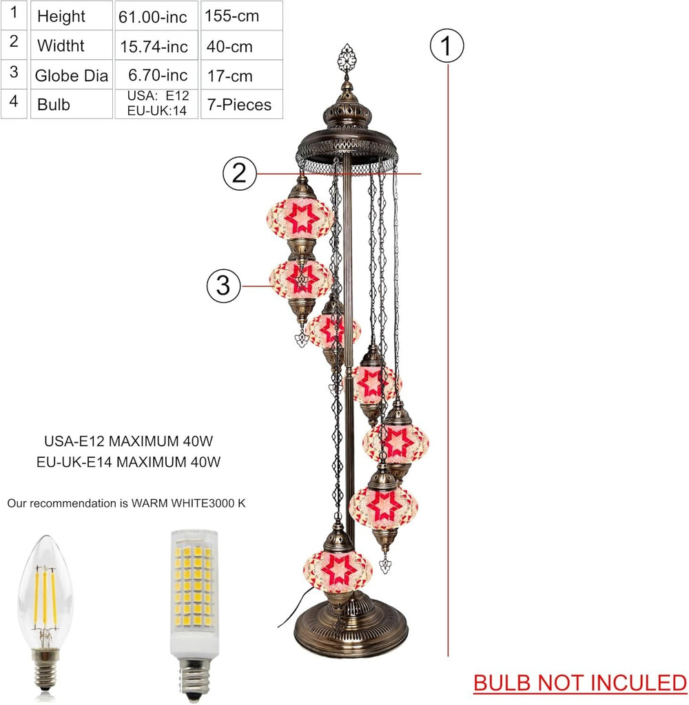 Große 7″ Bunte Türkische Mosaik Stehlampe | Boho Vintage Tiffany Stil Lampe