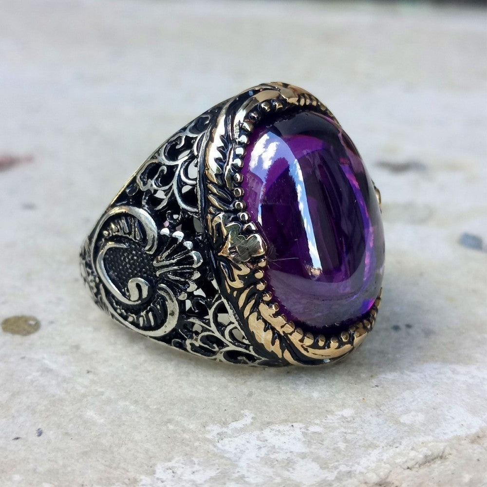 925er Silber Amethyststein Herrenring Handgefertigt Damenring