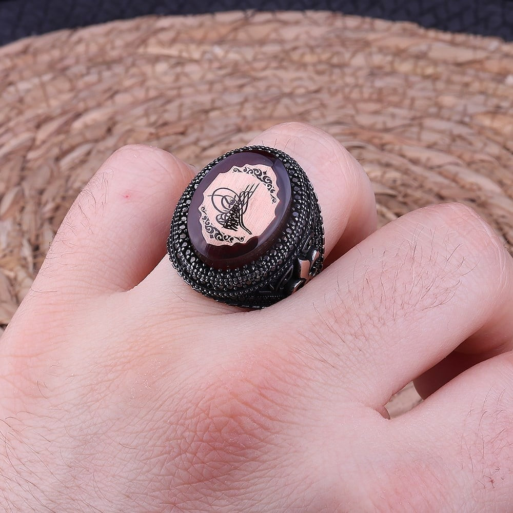 925er Osmanische Tughra Herrenring Handgefertigt Naturbernstein Damenring