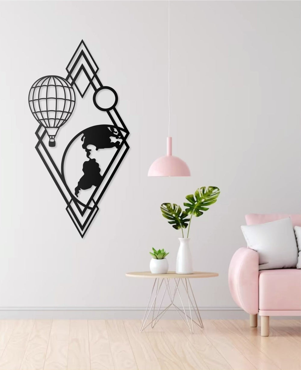 Weltkarte Wanddeko Metall mit Ballon & Geometrischem Design 30x66 50x100 cm