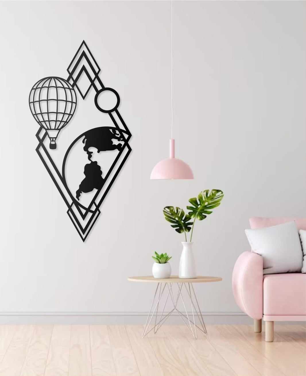 Weltkarte Wanddeko Metall mit Ballon & Geometrischem Design 30x66 50x100 cm