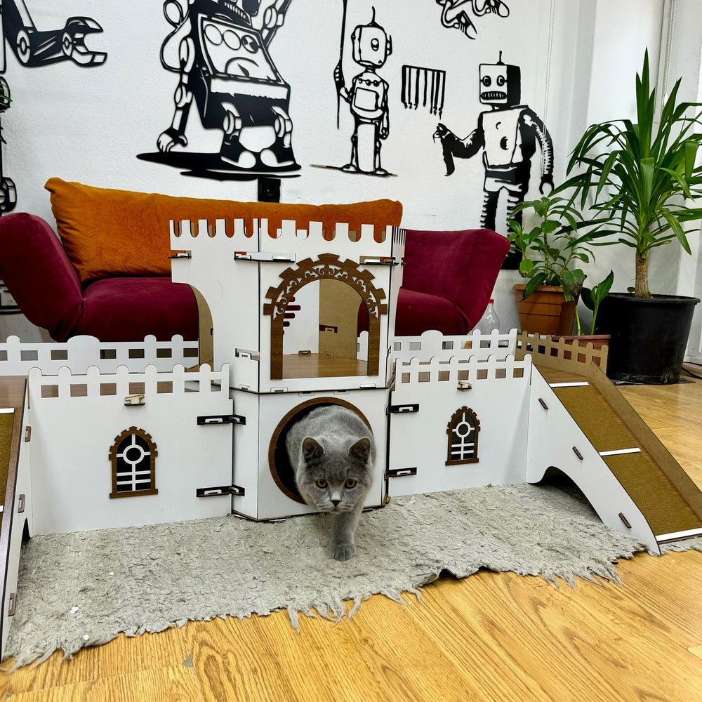 Katzenhaus handgefertigt – 2 Etagen, zerlegbar, MDF, Katzenburg Hexagon