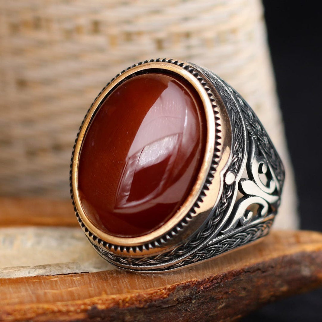 925er Sterlingsilber Herrenring Handgefertigt Naturbernstein Spirituelle Design